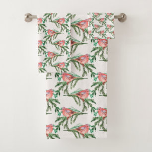 Christmas Red Cardinals On Pine Branch Bath Towel Set