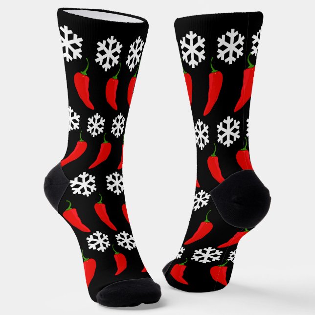 Christmas Red Chili Peppers and Snowflakes Socks (Angled)