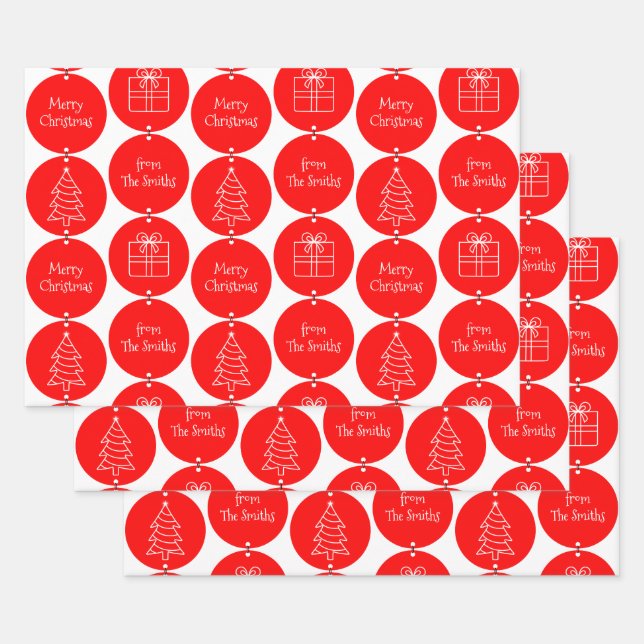 Christmas Red Circles Custom Family Name Wrapping Paper Sheet (Set)
