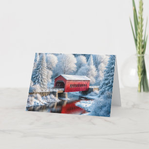 Christmas Red Covered Bridge In Winter Forest Holiday Card