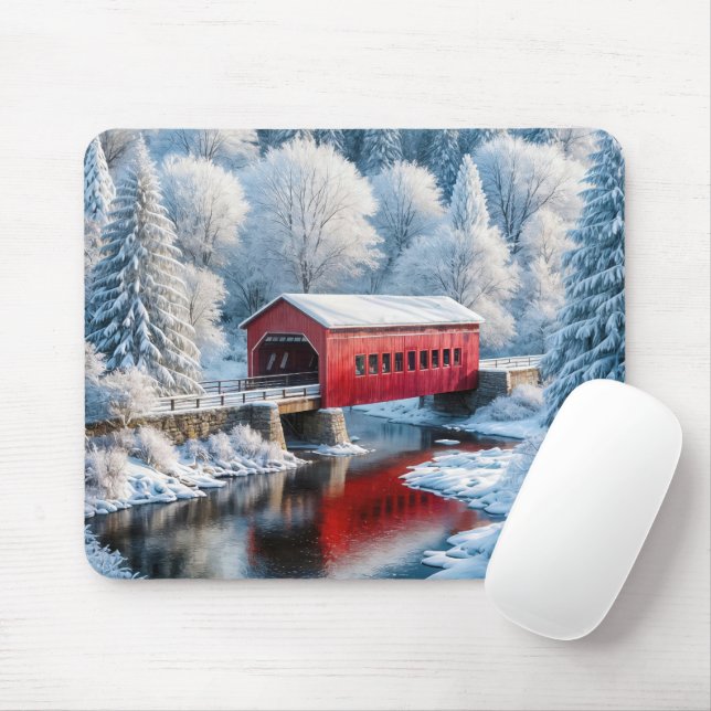 Christmas Red Covered Bridge In Winter Forest Mouse Pad (With Mouse)