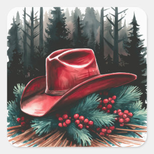 Christmas Red Cowboy Hat with Red Berries Square Sticker