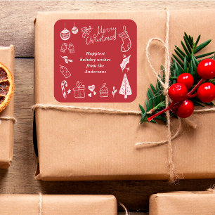 Christmas Red Cute Festive Hand Drawn Doodles Square Sticker