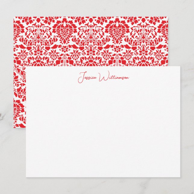 Christmas Red Damask Personalized Name Stationery Card (Front/Back)
