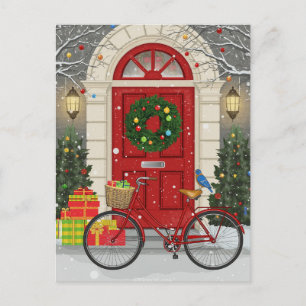 Christmas Red Door Bicycle Holiday Gifts Scene Postcard