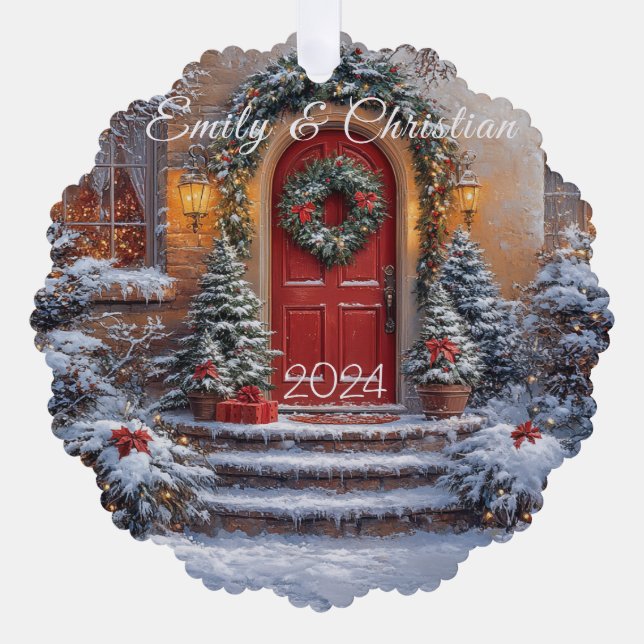 Christmas Red Door Wreath Lights Ornament Card (Front)