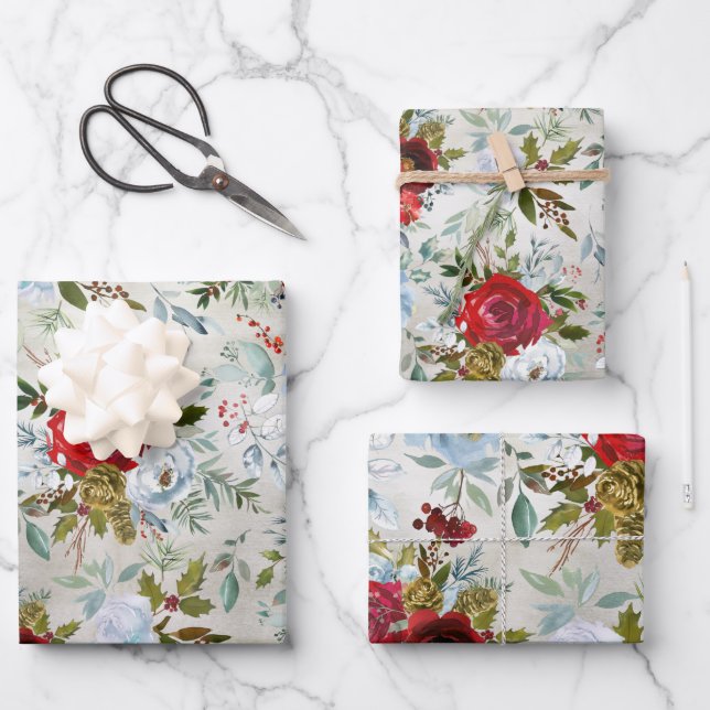 Christmas Red & Dusty Blue Roses & Holly Wrapping Paper Sheet (Front)