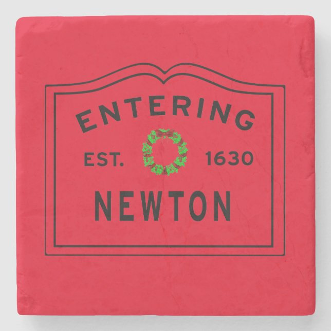 Christmas Red, Entering Newton, MA Holiday Stone Coaster (Front)