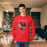 Christmas red family photo heart name dad T-Shirt<br><div class="desc">Red shirt. Personalize and add your own family photo. Heart shaped frame. Add your family name and year. White text.</div>