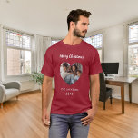 Christmas red family photo heart name T-Shirt<br><div class="desc">Red shirt. Personalize and add your own family photo. Heart shaped frame. Add your family name and year.</div>