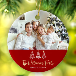 Christmas Red Family Photo Playful Trees Script Ceramic Ornament