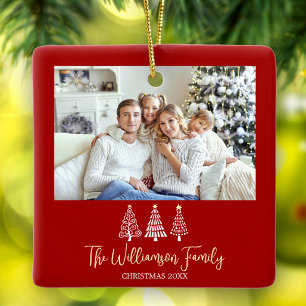 Christmas Red Family Photo Stylish Trees Script Ceramic Ornament