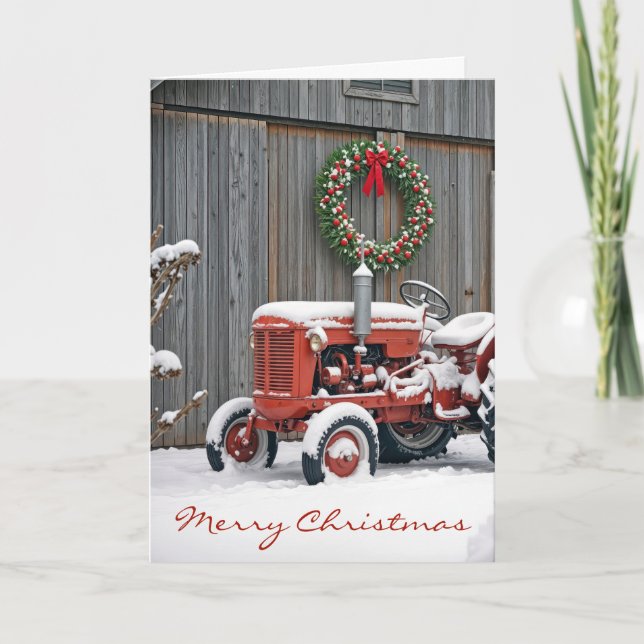 Christmas Red Farm Tractor In Snow Card (Front)