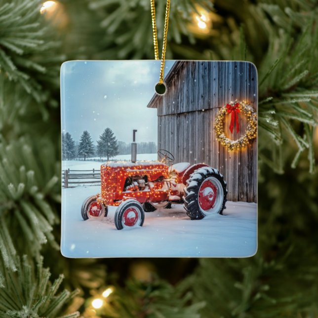 Christmas Red Farm Tractor In Snow Ceramic Ornament (Tree)