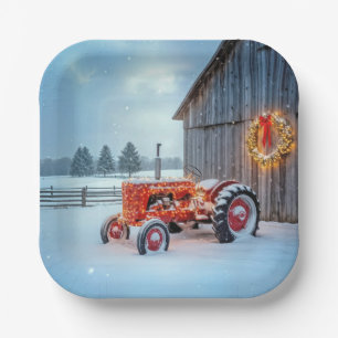 Christmas Red Farm Tractor In Snow Paper Plate