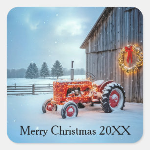 Christmas Red Farm Tractor In Snow Square Sticker