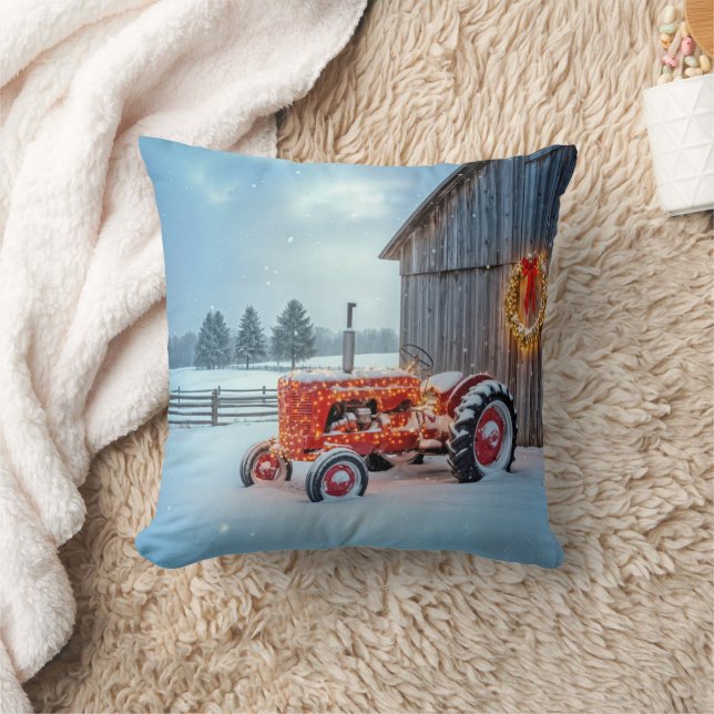 Christmas Red Farm Tractor In Snow Throw Pillow (Blanket)
