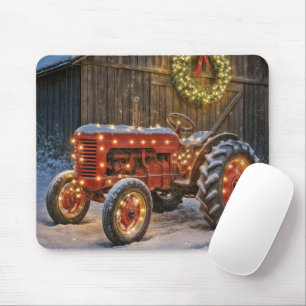 Christmas Red Farm Tractor With Glowing Wreath Mouse Pad