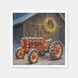 Christmas Red Farm Tractor With Glowing Wreath Napkin