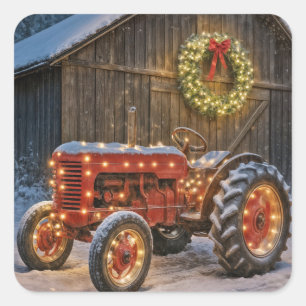 Christmas Red Farm Tractor With Glowing Wreath Square Sticker