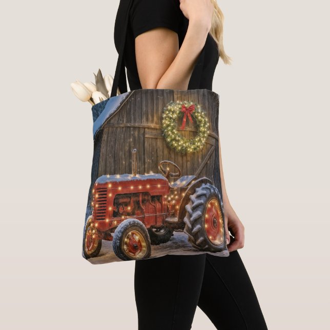 Christmas Red Farm Tractor With Glowing Wreath Tote Bag (Close Up)