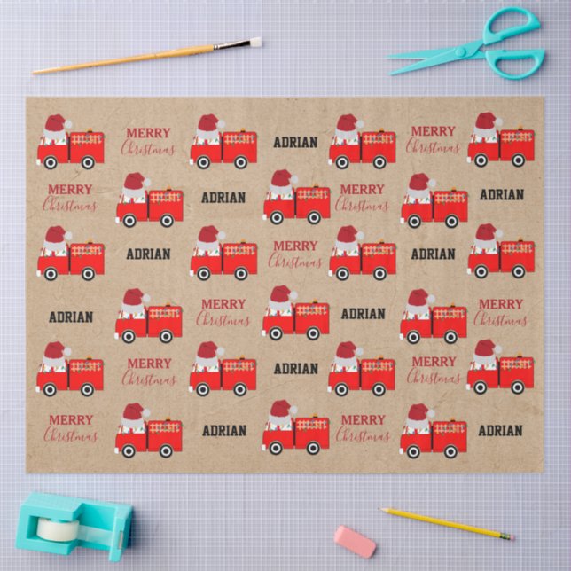 Christmas Red Fire Truck Custom Name Kraft  Tissue Paper (Craft)