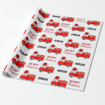 Christmas Red Fire Truck Custom Name Wrapping Paper<br><div class="desc">A cute illustration of a red fire truck wearing a Santa hat and decorated in Christmas lights. The adorable red fire engine rushing off to put out a fire. Perfect gift for anyone and any age. An all time favourite emergency vehicle. Customize the name and make it your own.</div>