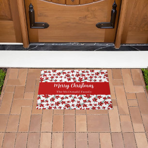 Christmas red floral pattern family name doormat