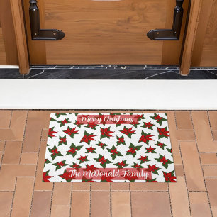 Christmas red floral pattern family name doormat