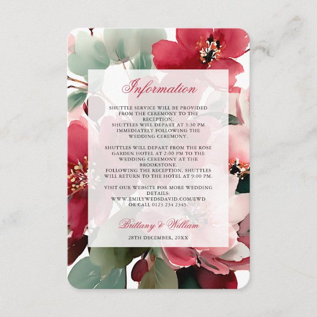  Christmas Red Floral Wedding Details Enclosure Card (Front)