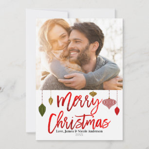 Christmas Red Foil Modern Ornaments Holiday Photo Card