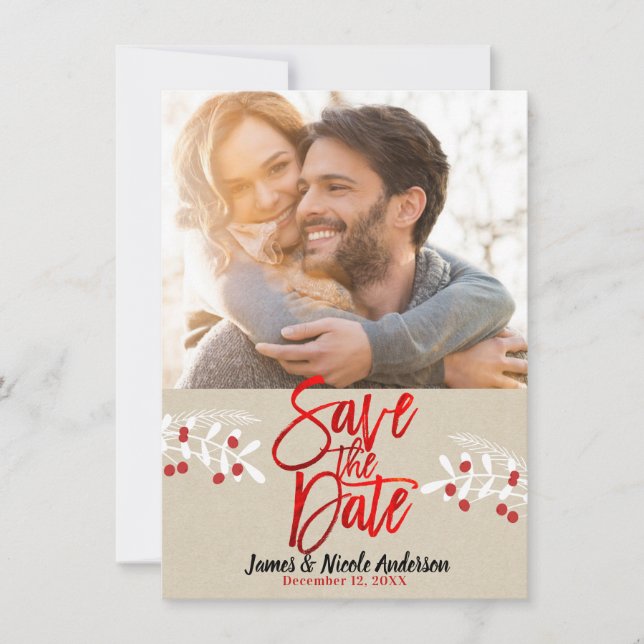 Christmas Red Foil Modern Save the Date Photo (Front)