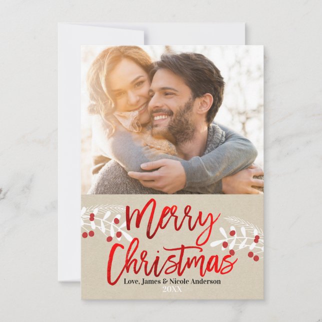 Christmas Red Foil Modern Script Branch Photo Holiday Card (Front)