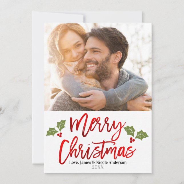 Christmas Red Foil Modern Script Holiday Photo (Front)
