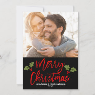 Christmas Red Foil Modern Script Holiday Photo Card