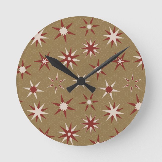  Christmas Red Geo Stars - on gold pattern. Round Clock (Front)