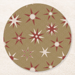 Christmas Red Geo Stars - on gold pattern. Round Paper Coaster