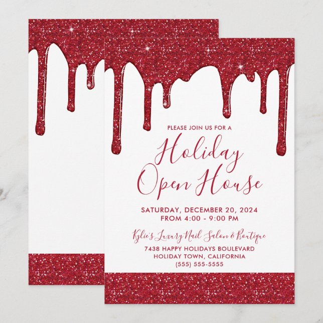 Christmas Red Glitter Drips Holiday Open House Invitation (Front/Back)