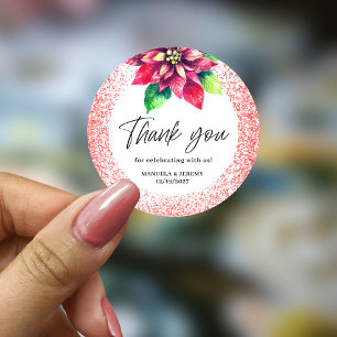 Christmas Red Glitter Poinsettia Thank you Wedding Classic Round Sticker