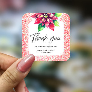 Christmas Red Glitter Poinsettia Thank you Wedding Square Sticker