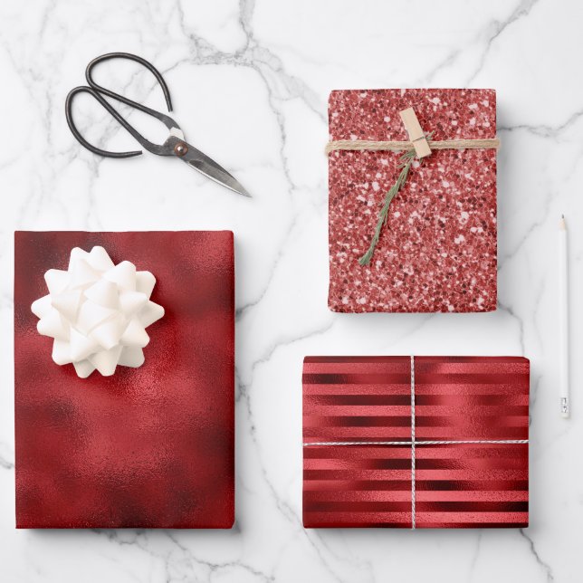 Christmas Red Glitter Sparkle Stripes Wrapping Paper Sheet (Front)