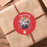 Christmas red gold bauble team photo logo classic round sticker<br><div class="desc">Red background. Personalize and add your own photo and company logo. A golden Christmas tree bauble as frame. Add a text,  name or your web url.  White text.</div>