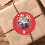 Christmas red gold bauble team photo logo classic round sticker<br><div class="desc">A red background. Personalize and add your own photo and company logo. A golden Christmas tree bauble as frame. Add a text,  name or your web url. White text.</div>