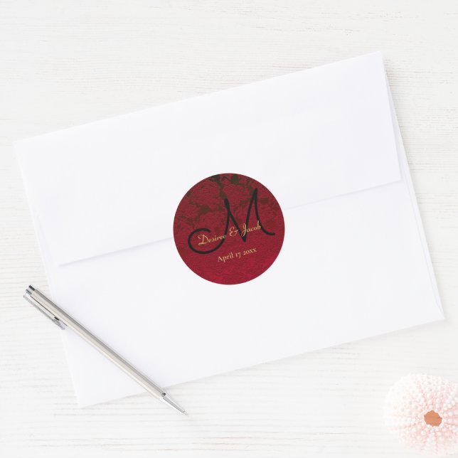 Christmas Red Gold Black Winter Wedding Monogram Classic Round Sticker (Envelope)