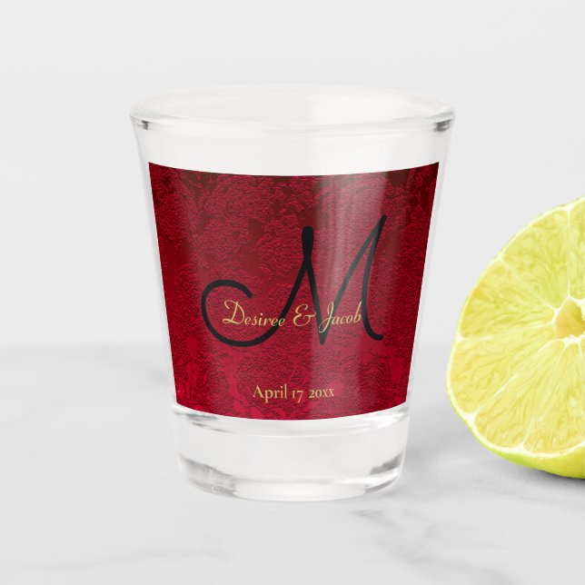 Christmas Red Gold Black Winter Wedding Monogram Shot Glass (Front)