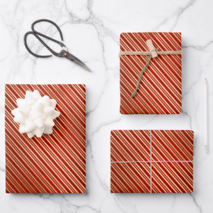Christmas red gold cute candy cane stripes pattern wrapping paper sheet