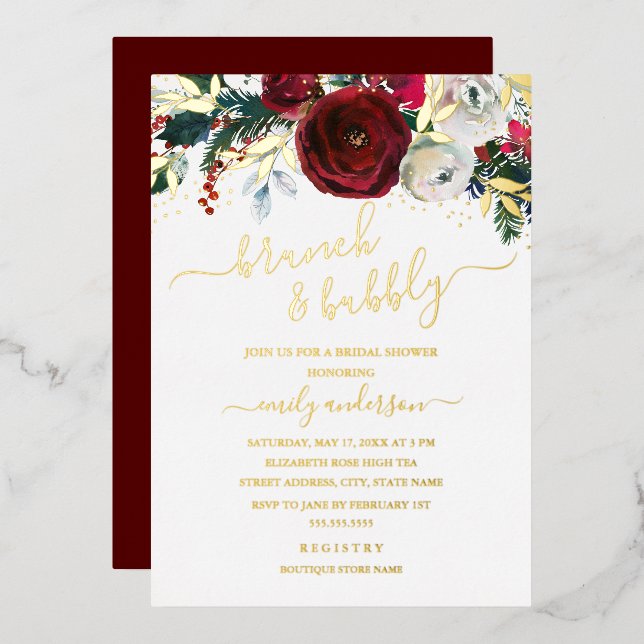Christmas Red Gold Floral Brunch And Bubbly  (Front/Back)