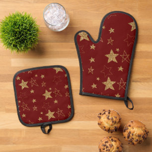 Christmas Red Gold Glitter Stars Oven Mitt & Pot Holder Set
