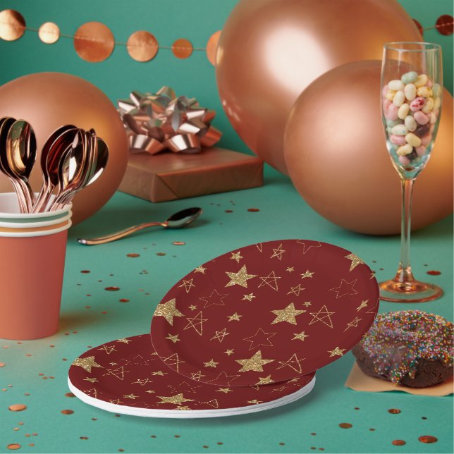 Christmas Red Gold Glitter Stars Paper Plate (Multi)