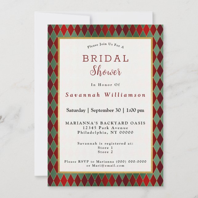 Christmas Red Gold Green Harlequin Bridal Shower Invitation (Front)